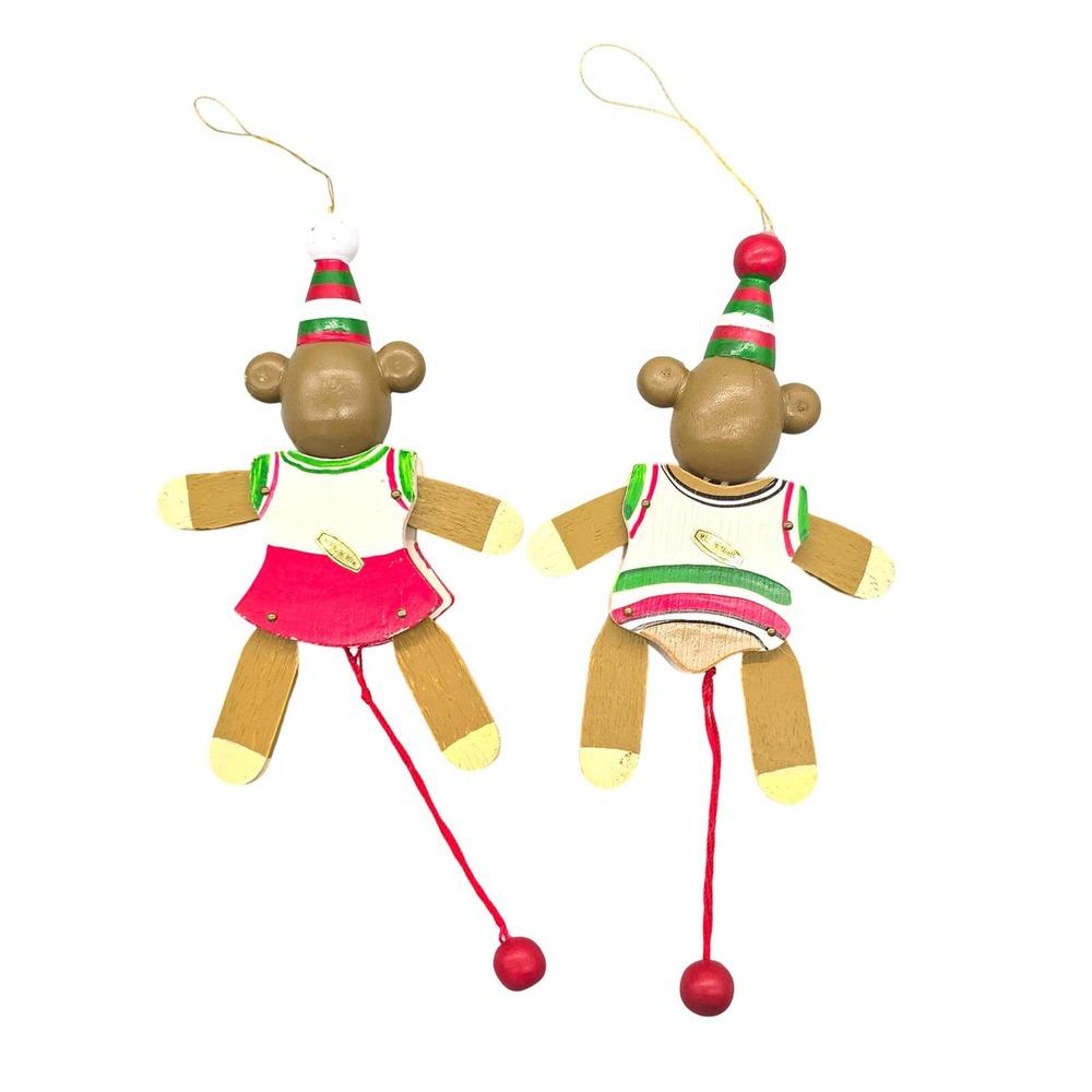 Vintage Wooden Bear Jumping Jack Christmas Ornaments Set 2 Pull String Taiwan - Picture 2 of 15